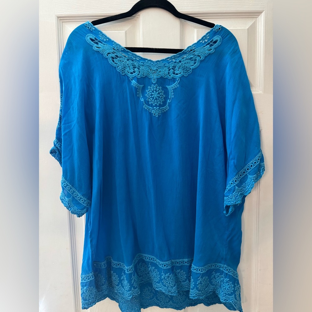 Johnny Was Blue Embroidered Boho Tunic Top Oversized Silk Blend